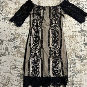 Lush Black-Nude Off the Shoulder Lace Dress